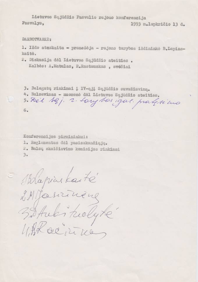 Lietuvos Sajūdžio Pasvalio rajono Tarybos konferencijos, įvykusios 1993 m. lapkričio 13 d. darbotvarkė